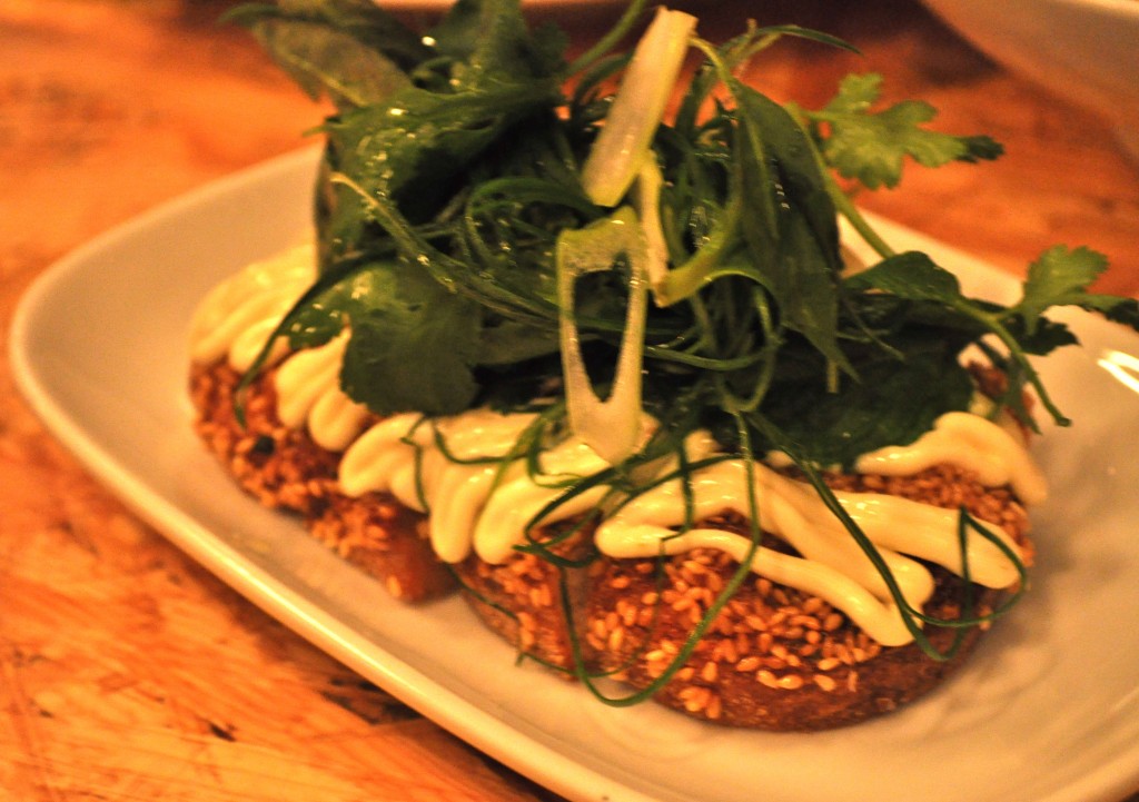 Prawn toast, yuzu aioli, herbs $14