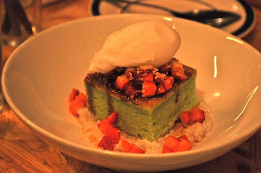 Pandan chiffon cake, strawberries, coconut sorbet $12