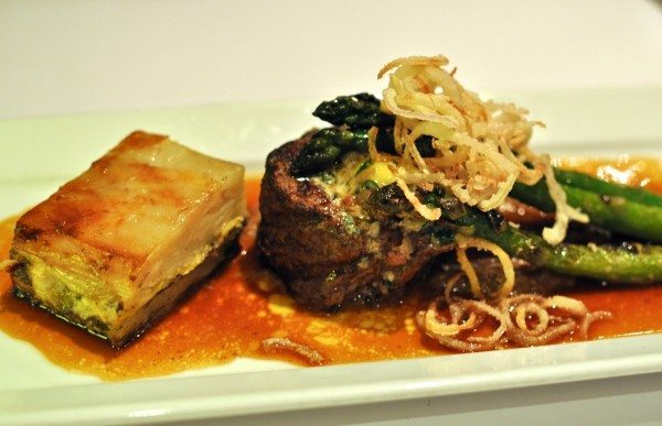 Chargrilled Grainge eye fillet, potato leet gratin, confit shallot puree, asparagus, olive mangchego butter $43