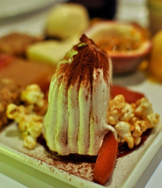 Baby bombe Alaska, mascarpone quince, pedro ximenes caramel, spirced cocoa