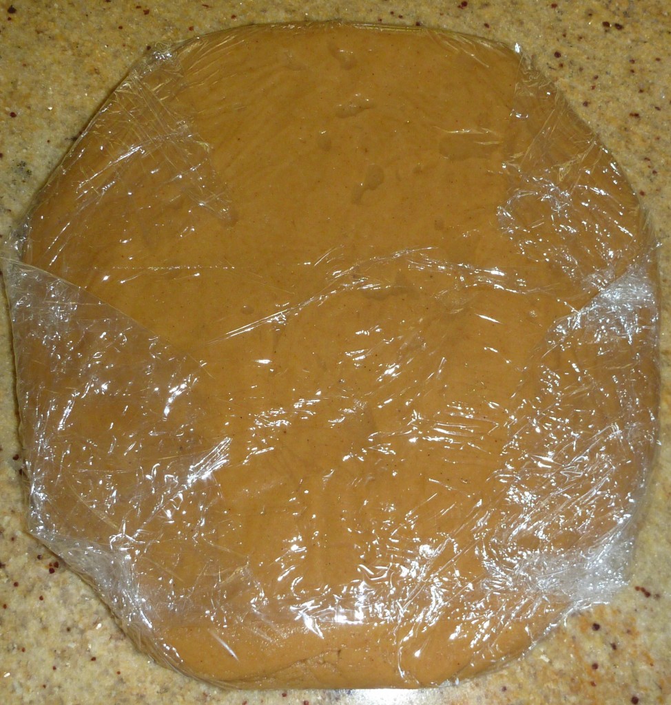 P1020991 Gingerbread dough shaped in a disc ready to be refrigerated or frozen.