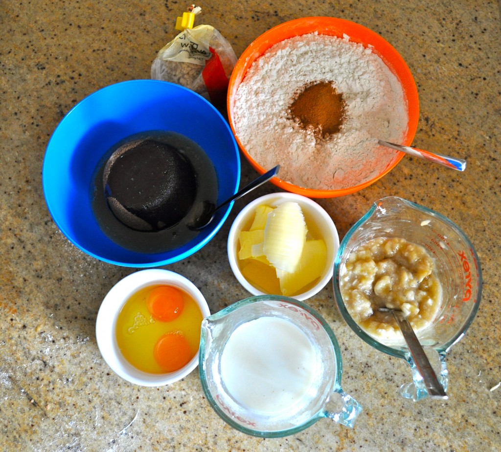 The ingredients for cafe style banana bread laid out ready for baking