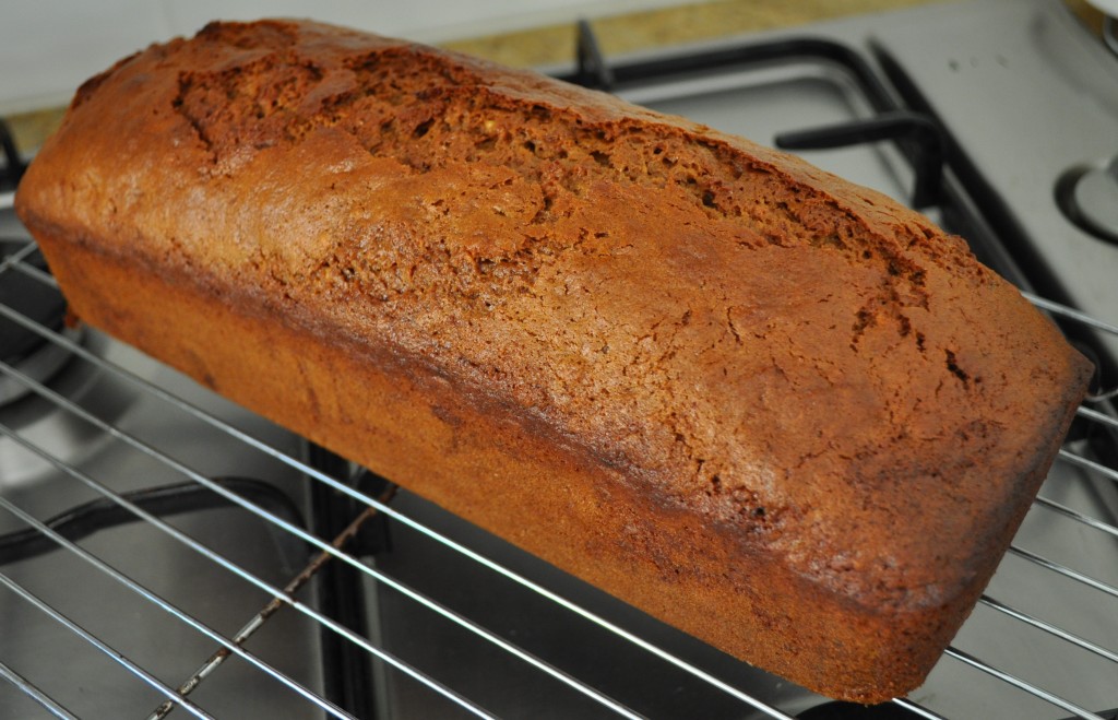 Cafe style banana bread cooling on a rack