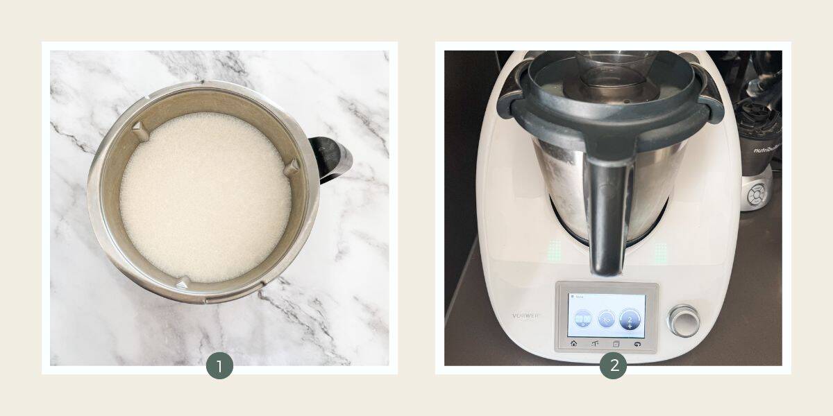 Milk in Thermomix bowl. Thermomix on stand.