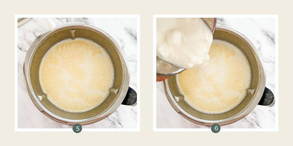 Heated milk in Thermomix bow. Adding yoghurt to the bowl on a white marble bench top.