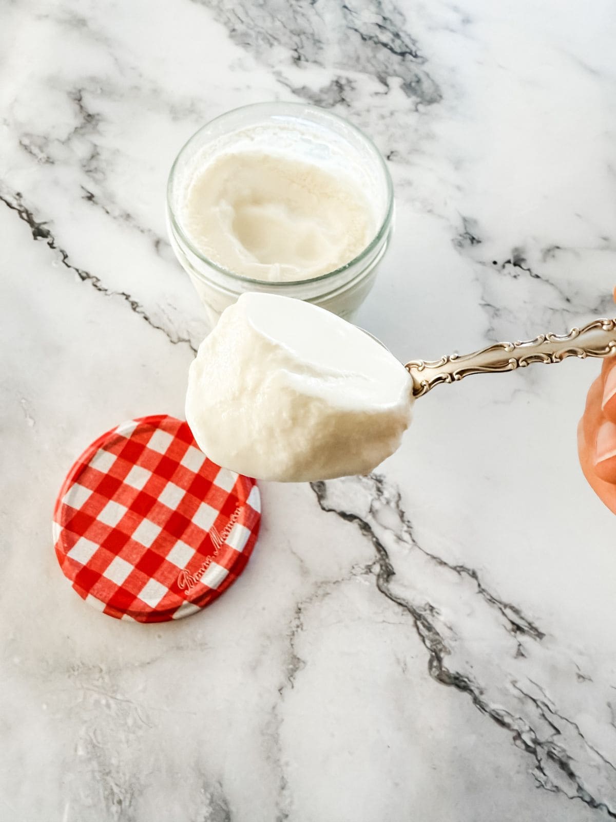 Spoon full of yoghurt with pot of homemade yoghurt in the background.