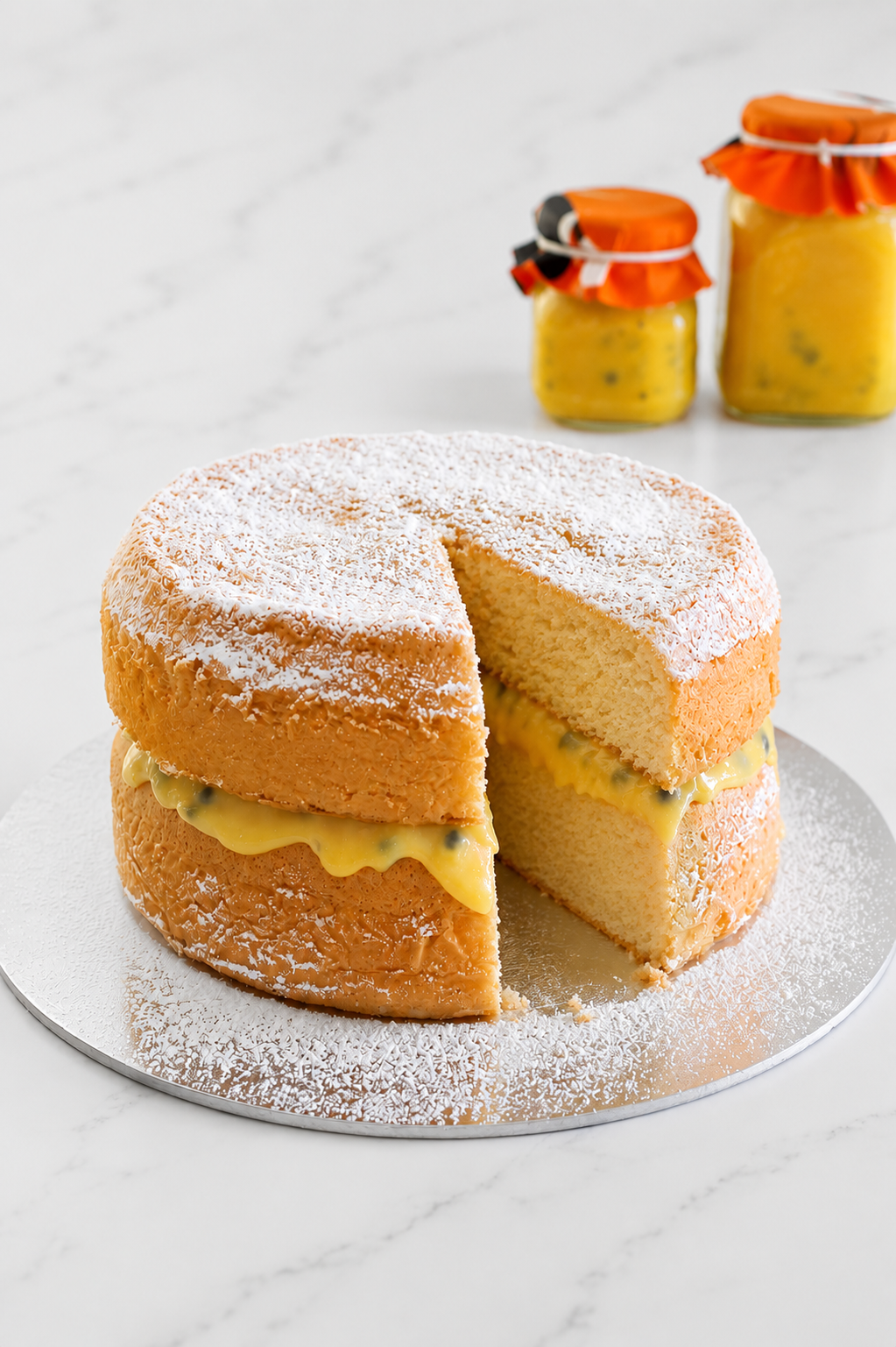 Double layer sponge cake sandwhiched with passionfruit curd with a slice cut out on a silver plate on white marble bench top.