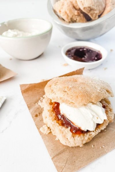 3 ingredient scones spread with jam and cream