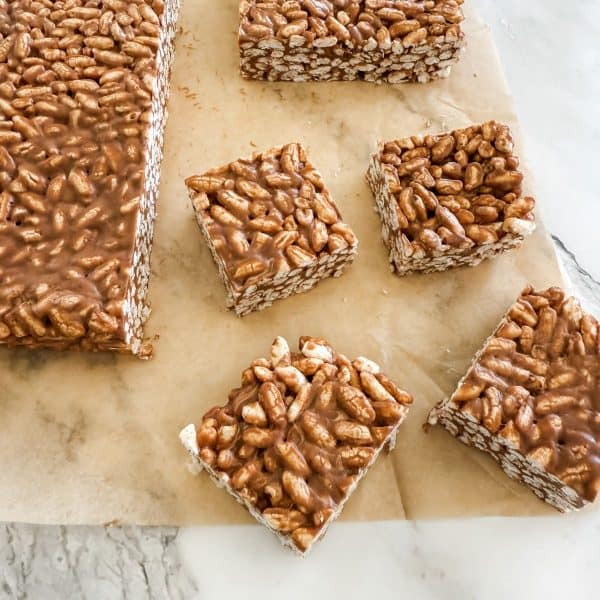 Mars bar slice squares sliced on baking paper