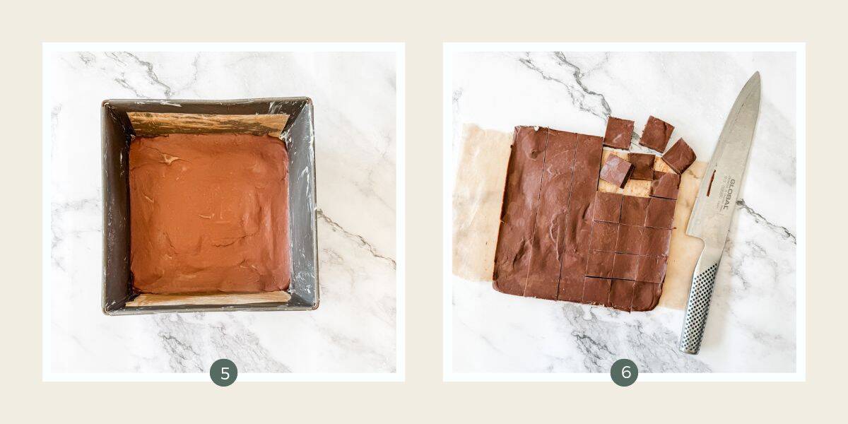 Simple chocolate cinnamon fudge in tin and then cut in squares on bench top. 