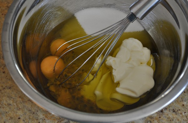 Yoghurt, oil, sugar, eggs and passionfruit