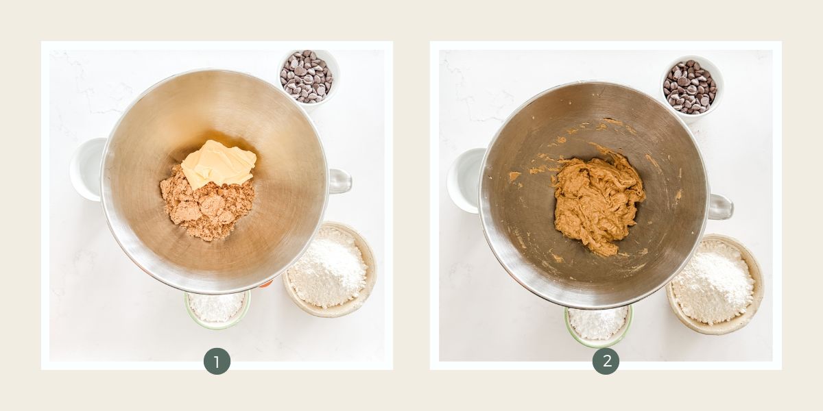 Stainless steel mixing bowl with butter and sugar separated and then combined. 