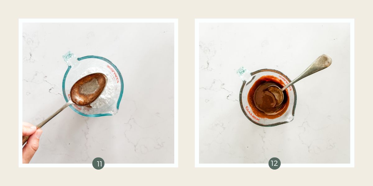 Icing sugar, cacao, water and peppermint in glass measuring jug and mixed to smooth icing. 