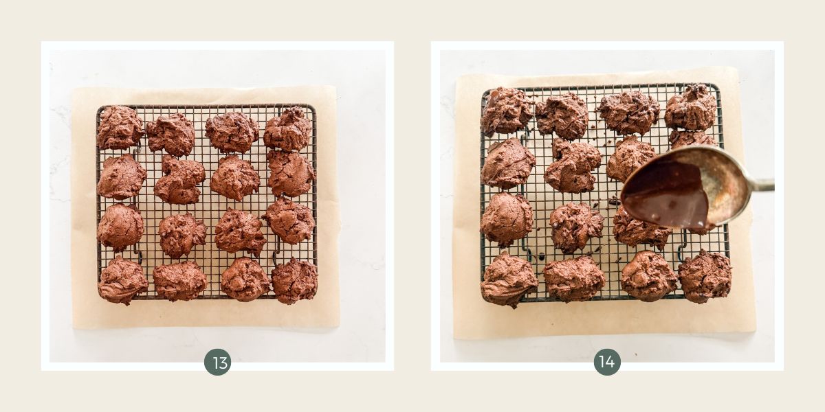 Drizzling chocolate peppermint icing on top of chocolate biscuits. 