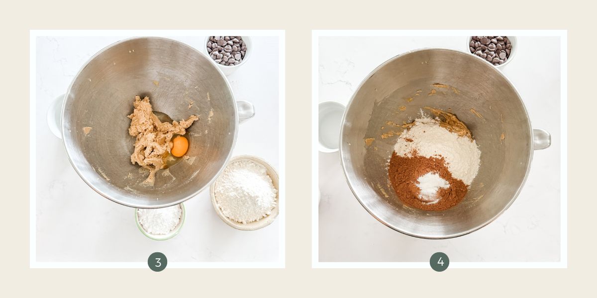 Adding egg and flour & cacao to creamed butter and sugar in stainless steel mixing bowl. 