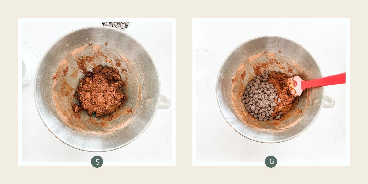 Chocolate biscuit dough in stainless steel mixing bowl and with chocolate chips added. 