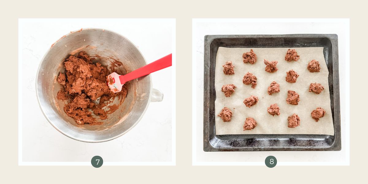 Choc mint biscuits dough in stainless steel mixing bowl and in blobs on lined baking tray ready to bake. 