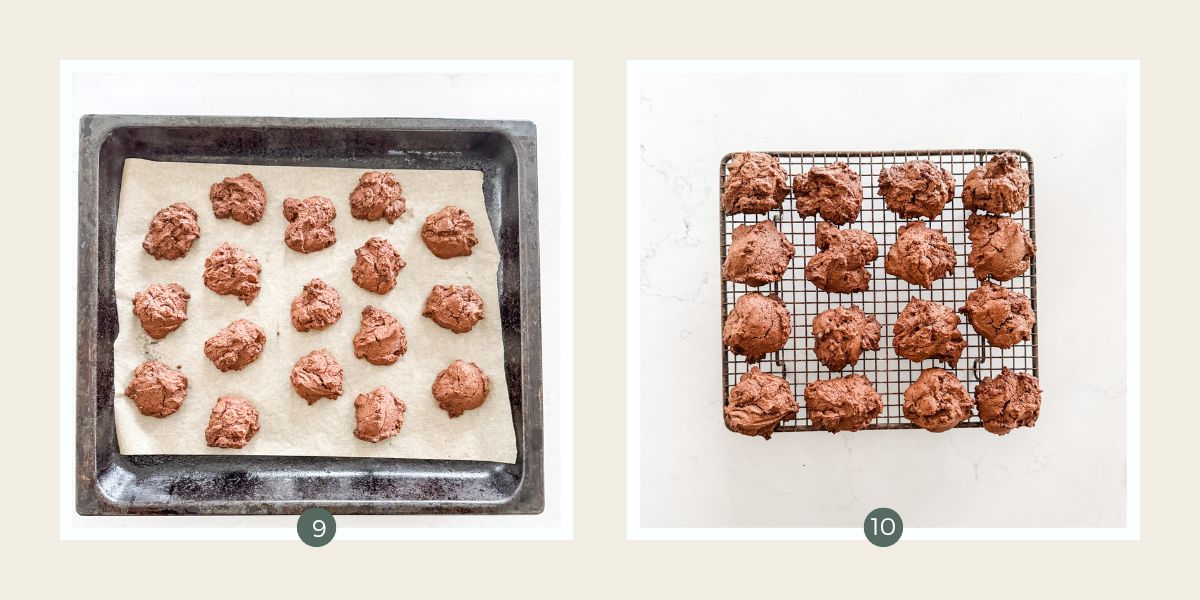 Choc mint biscuits baked on a lined baking tray and cooling on a wire rack. 