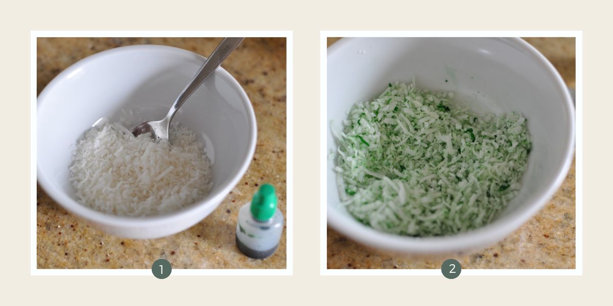 Coconut in bowl and plain and with green food colour added.