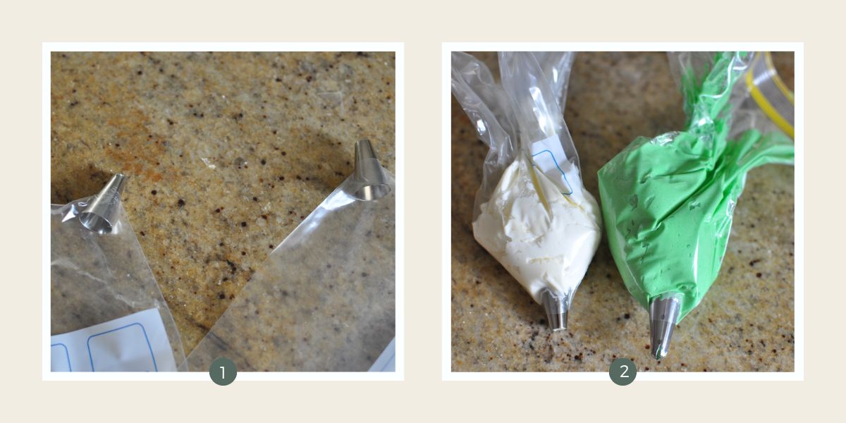 Zip lock bags with tips cut and icing tips inserted and then filled with white and green icing.