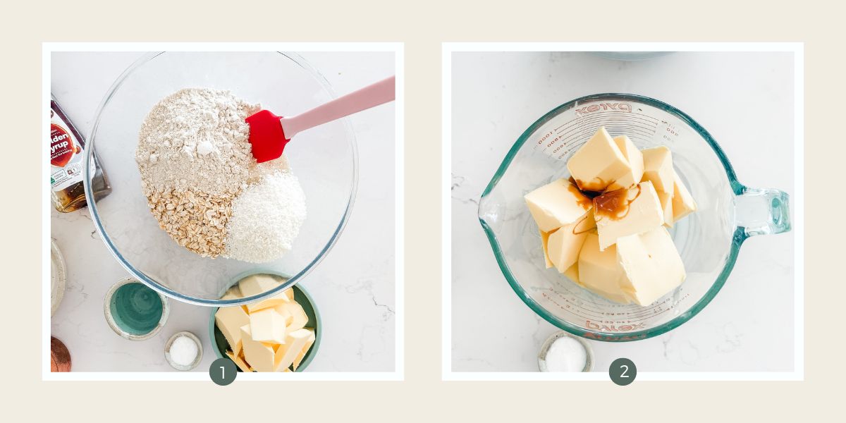 Oats, flour, sugar & coconut in a glass mixing bowl and butter and golden syrup in a glass measuring cup.