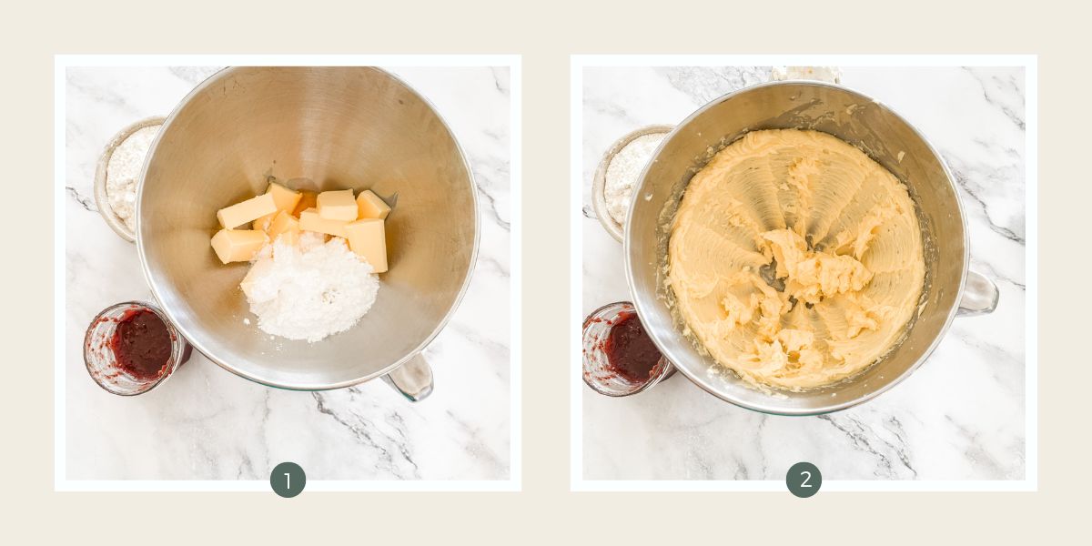 Making Jam Drops - butter, sugar, egg yolk & vanilla in stainless steel mixing bowl then mixed together. 
