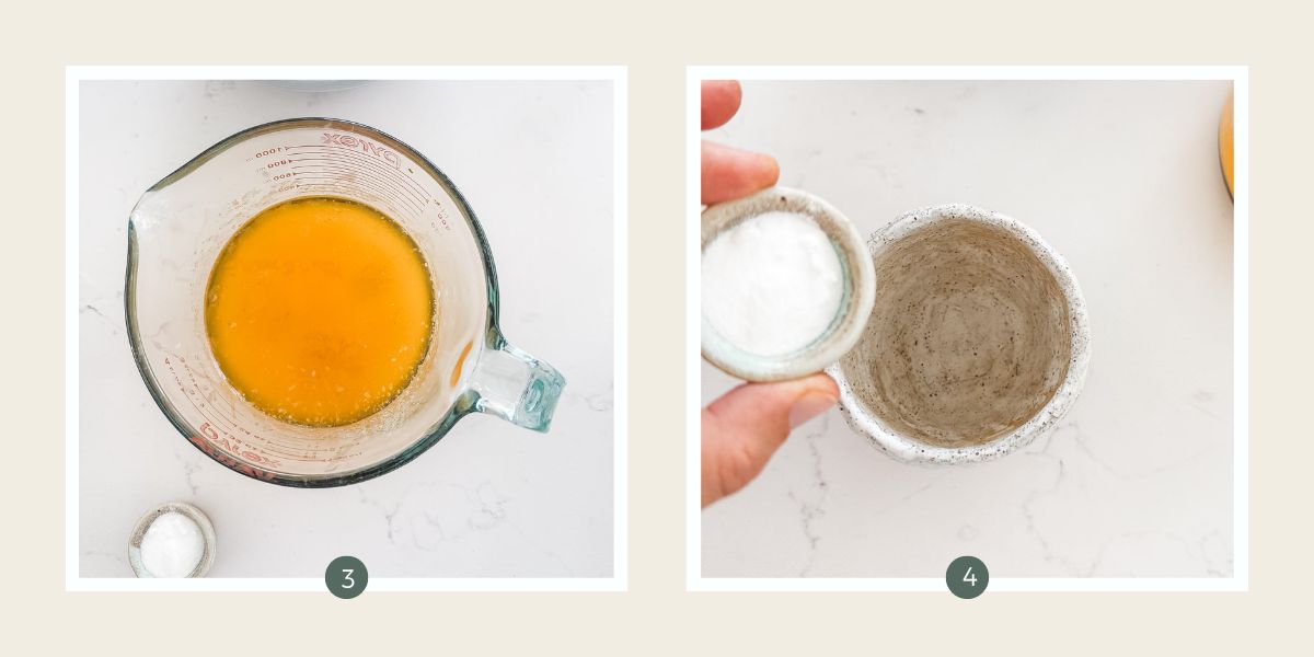 Glass measuring cup with melted butter and small bowl with baking powder being poured into cup of hot water.