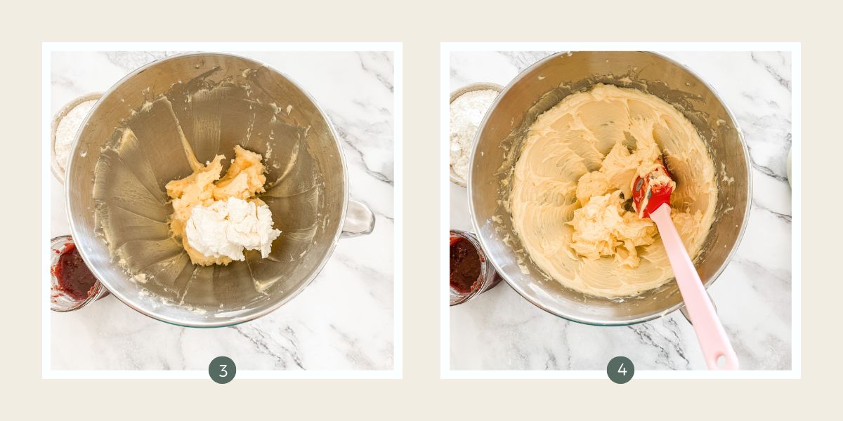 Silver mixing bowl with biscuit dough having cream cheese added & mixed through.