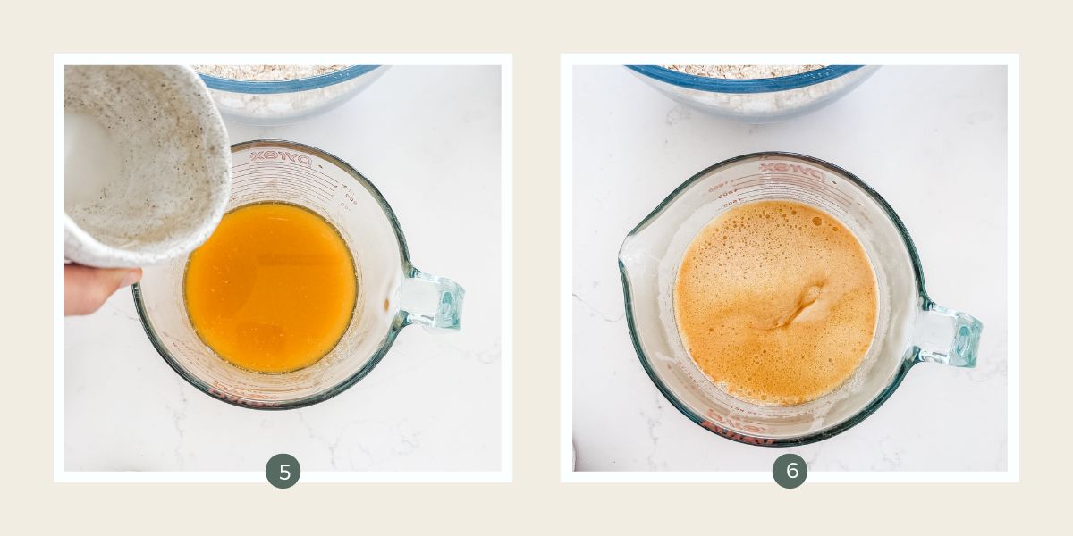Small bowl pouring baking soda and water into glass measuring jug of melted butter and the mixture frothing.