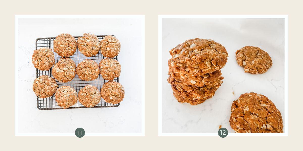 Classic ANZAC biscuits cooling on a wire rack and then in a stack of biscuits.