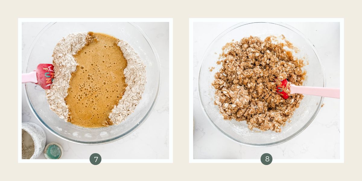 Pouring wet ingredients into dry ingredients in a glass bowl to make classic ANZAC biscuits.