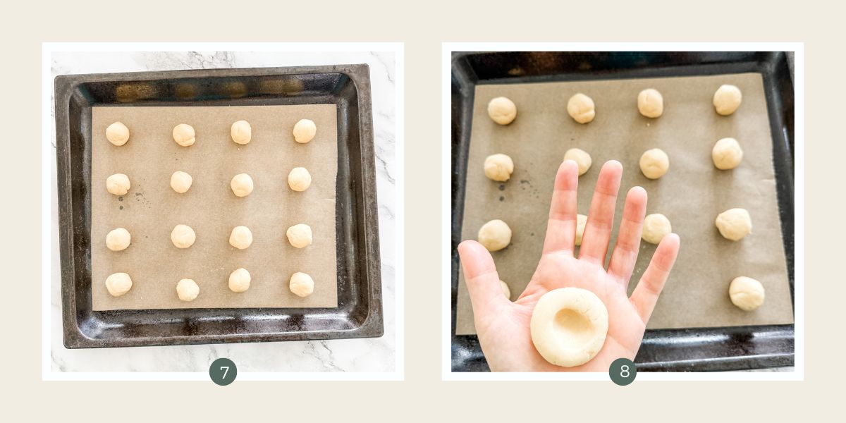 Tray of balls of cookie dough and one being held in a hand after the top being pressed to make an indent for jam. 