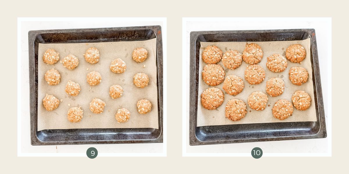 Rolled balls of ANZAC biscuit dough on a lined baking tray ready to bake and then fresh from the oven.