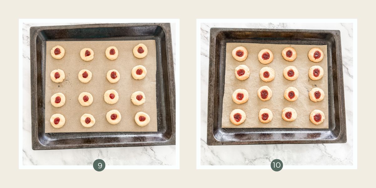 Unbaked jam drop biscuits sitting on lined baking tray - next image they are baked. 