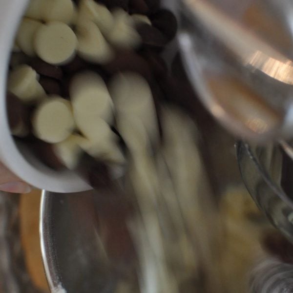 Adding chocolate chips to Sante biscuit dough