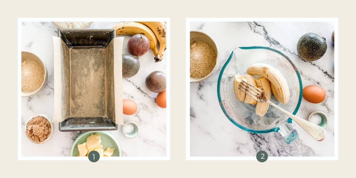 Lined loaf tin on marble bench. Bowl with banana being mashed.