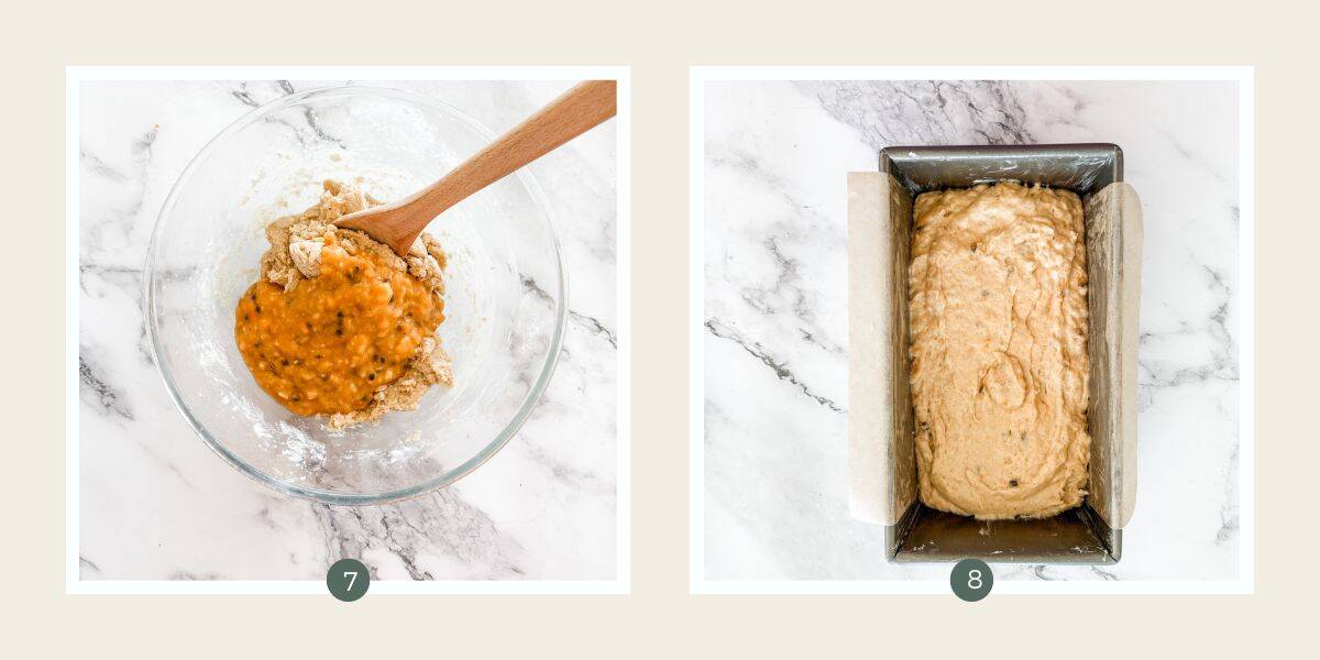 Mixing bowl with banana and passionfruit & wooden spoon. Passionfruit banana loaf batter in loaf tin ready for baking.