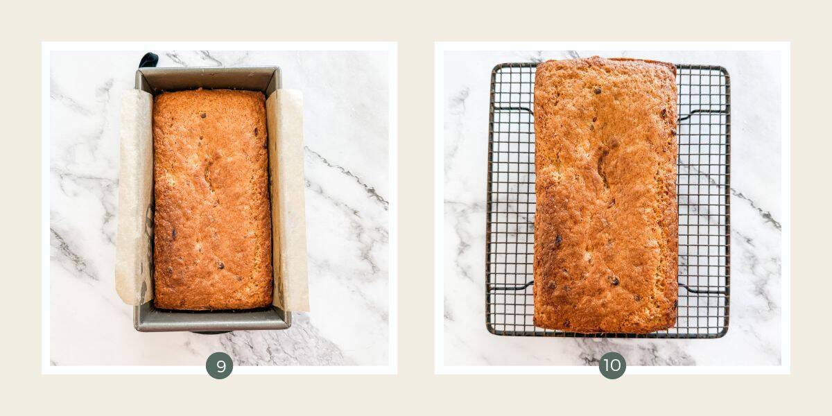 Freshly baked banana passionfruit loaf in tin & then on cooling rack on white marble bench.