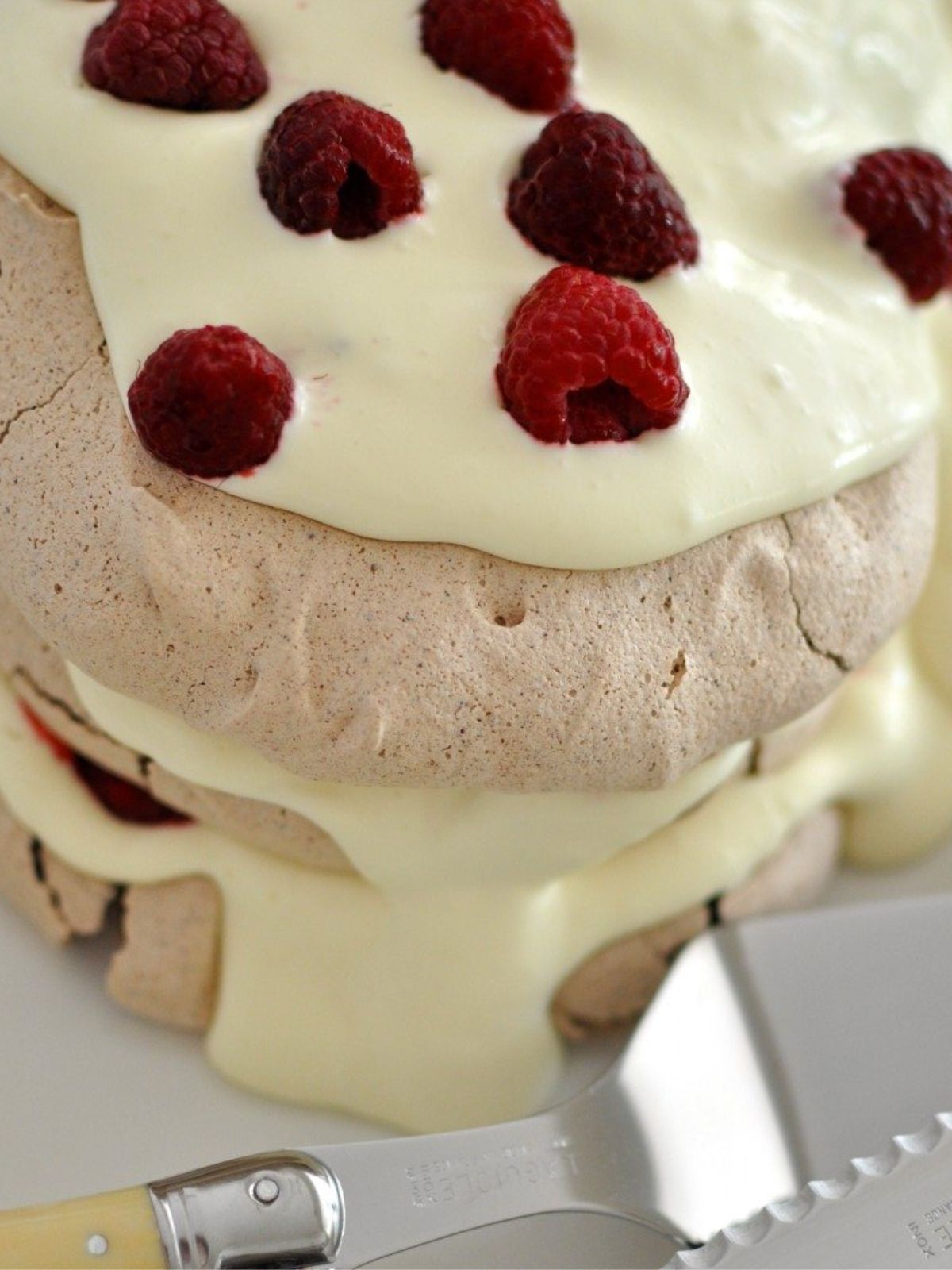 3 layers of chocolate meringue with cream and raspberries on white plate. 