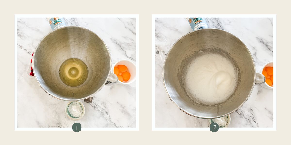 Egg whites in stainless steel bowl of mixer and beaten to soft peaks. 