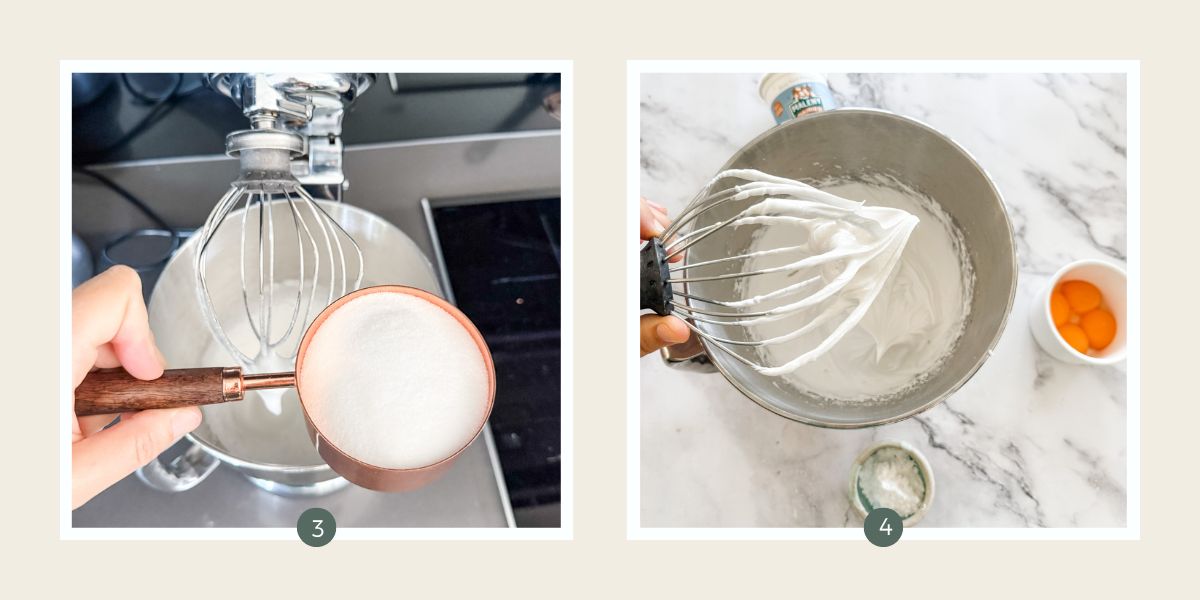 Adding sugar to whipped egg whites and whipping to thick and white in bowl of stand mixer. 