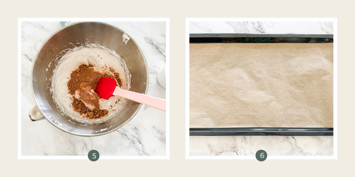 Adding cocoa powder to whipped meringue and lined baking tray to make chocolate pavlova. 