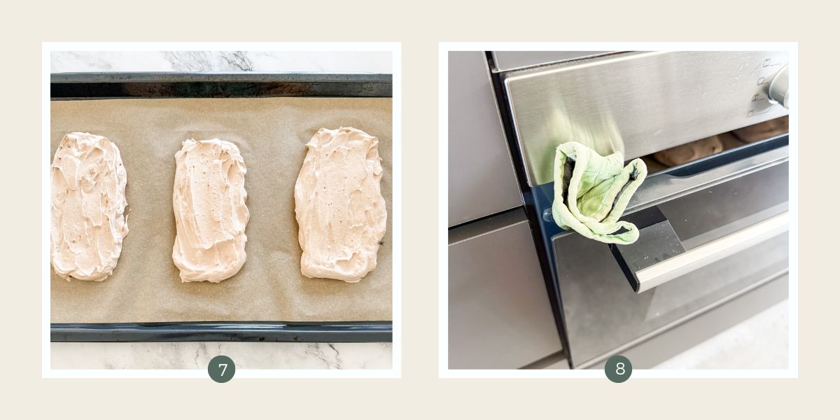 Chocolate meringue spread into 3 rectangles on lined baking tray and oven door slightly ajar with oven mitt. 