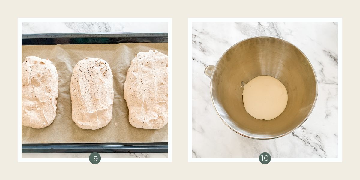 3 rectangles of baked chocolate meringue on lined baking tray and cream in stainless steel mixer bottle. 