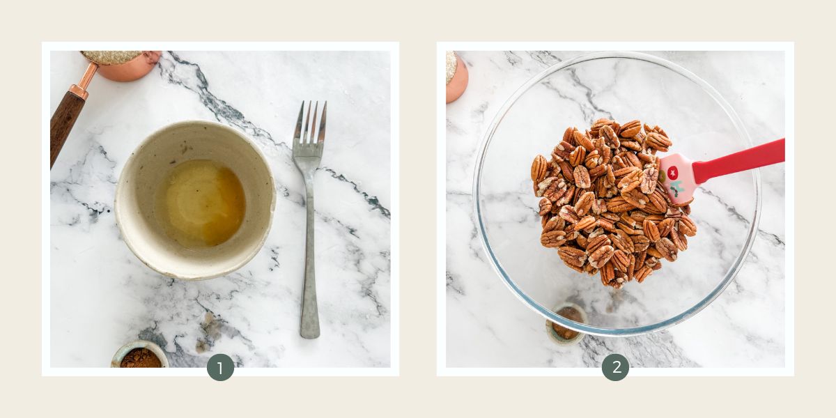 Making Candied Cinnamon Pecans - mixing egg white and vanilla in small bowl & peacns in large bowl mixing the egg white through.