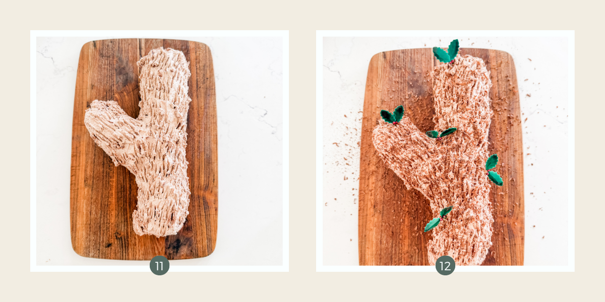 Dusting chocolate ripple log with grated chocolate.