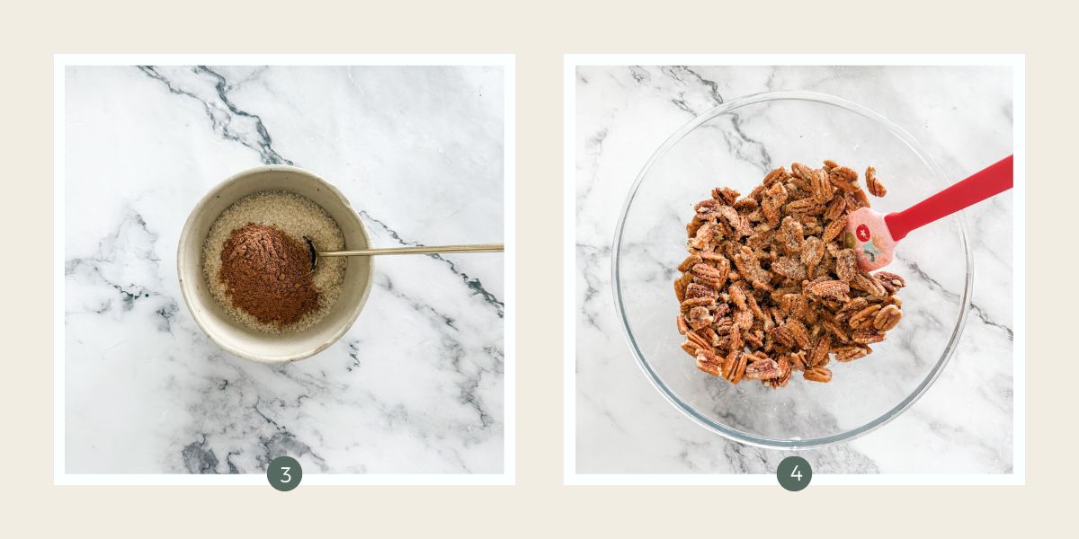 Mixing sugar and cinnamon in small bowl and folding through large bowl of pecans to make candied cinnamon pecans.