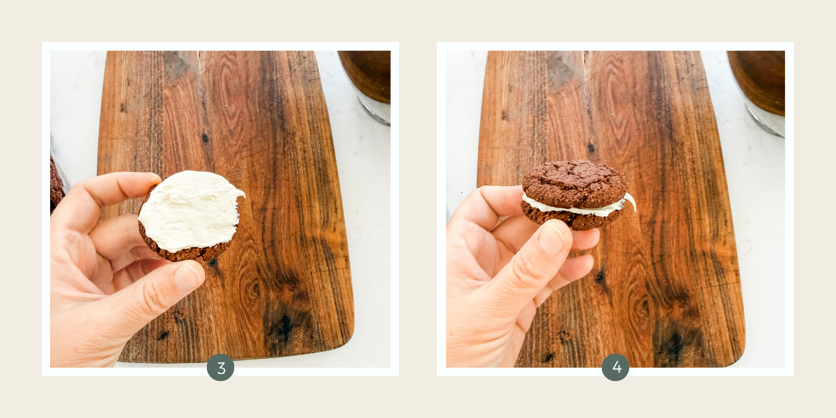 Whipped cream being spread on chocolate biscuit and sandwiched with another.