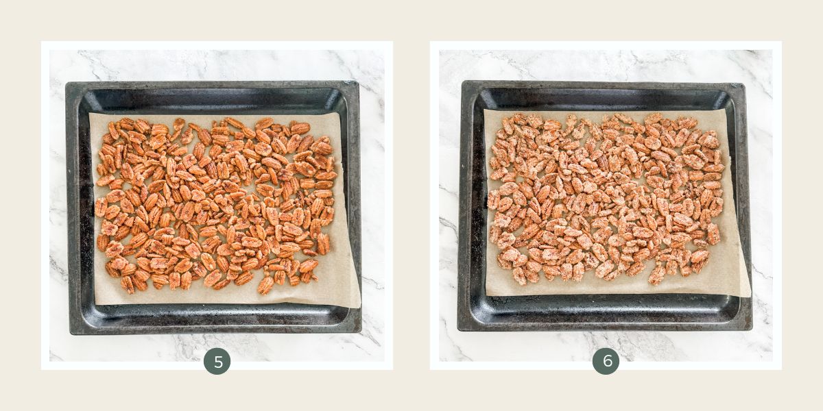Candied cinnamon pecans spread on lined baking tray before and after cooking.