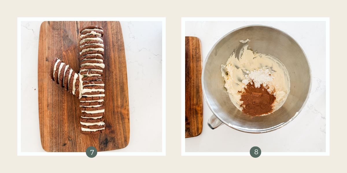 Shaping chocolate ripple biscuits and cream into a chocolate log.